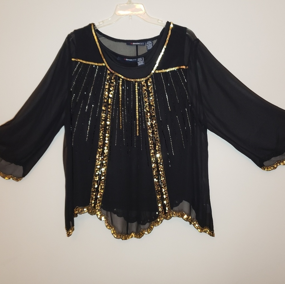 Black blouse/tunic with gold sequin trim, plus